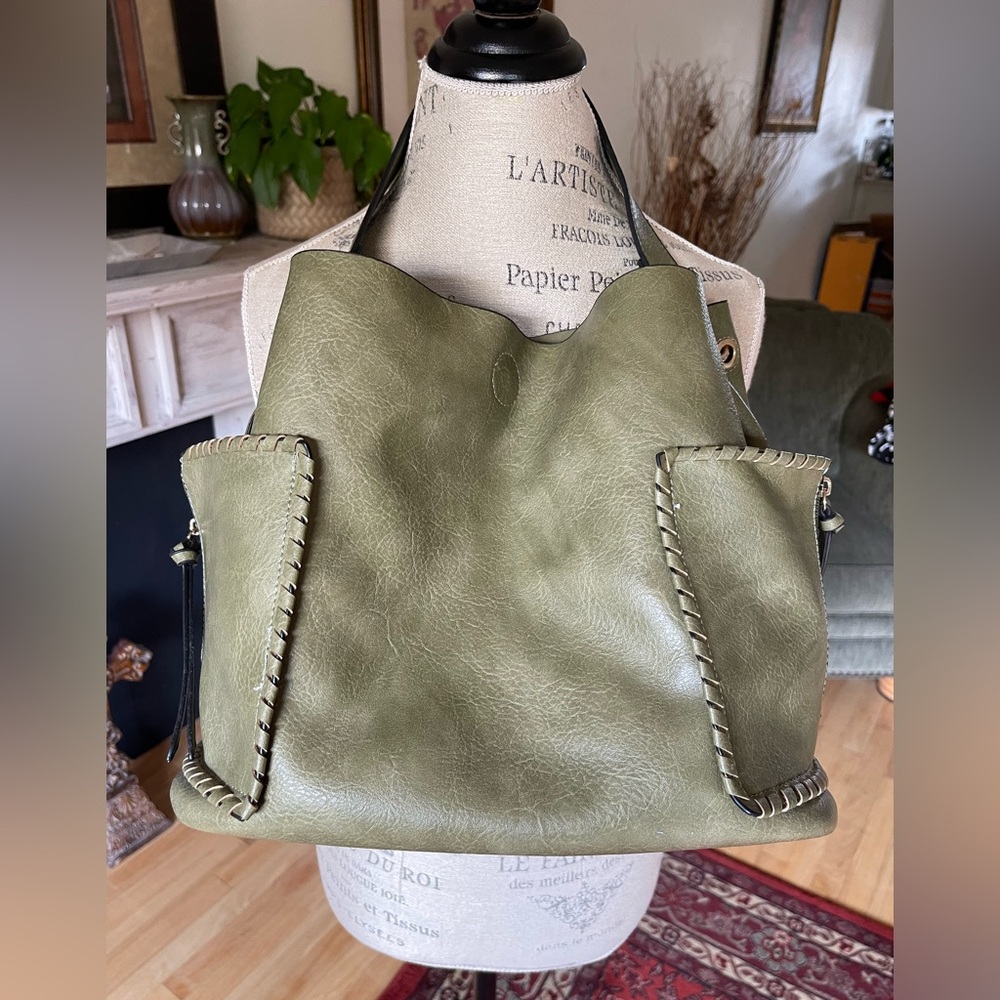 Olive Green Leather Bucket Bag w/ Stylish Zippered Pockets - Picture 2 of 12